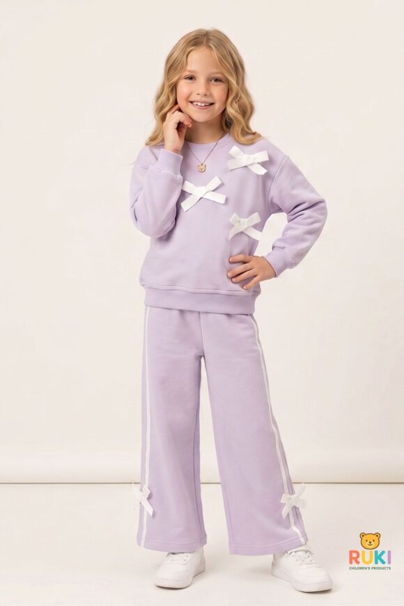 Ruki Çocuk 3D Fiyonk Aplike Detaylı Kız Çocuk Sweatshirt ve Yan Şeritli Pantolon Takımı (Kopya)