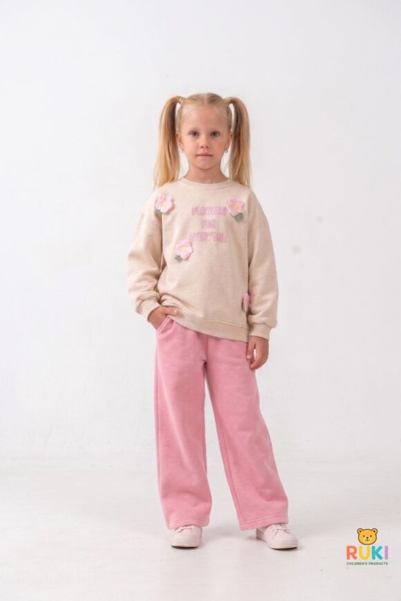 Ruki Çocuk Flowers Pantolon ve Nakış Çiçekli Kız Çocuk Sweatshirt Takımı