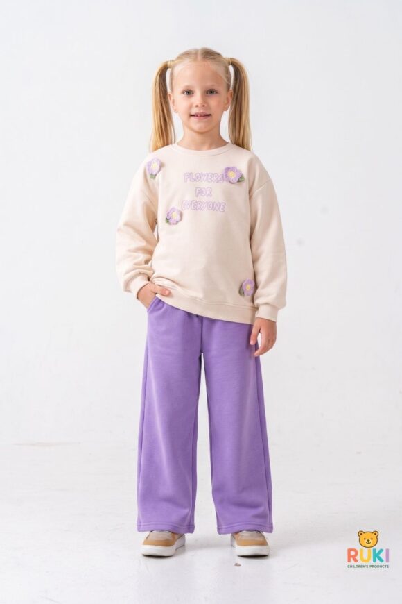 Ruki Çocuk Flowers Pantolon ve Nakış Çiçekli Kız Çocuk Sweatshirt Takımı