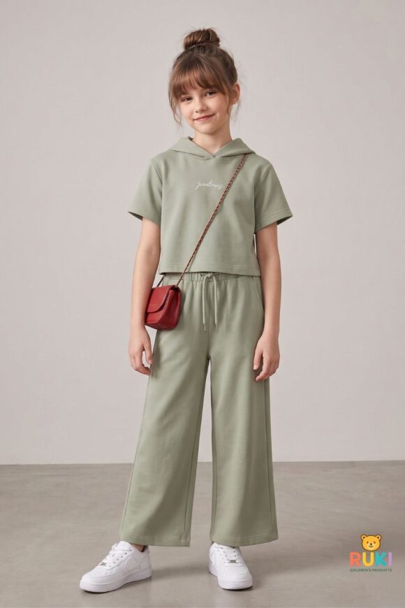 Mint Yeşili Yazlık Kapüşonlu Crop Takım - Oversize Kız Çocuk Sportif Kombin